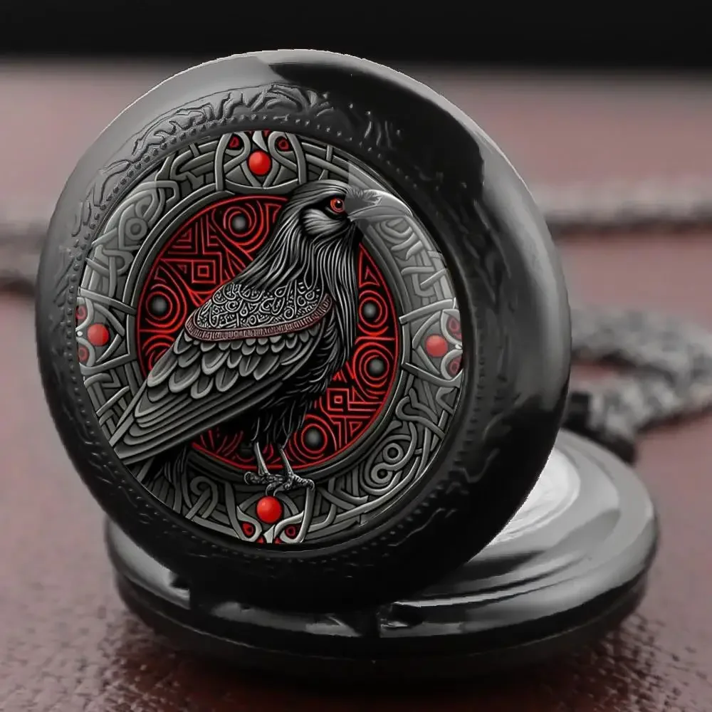 Black Raven Pattern Pocket Watch Retro Flip Decoration Necklace Watch Personalized Trend Male Female Student Quartz Fob Watch