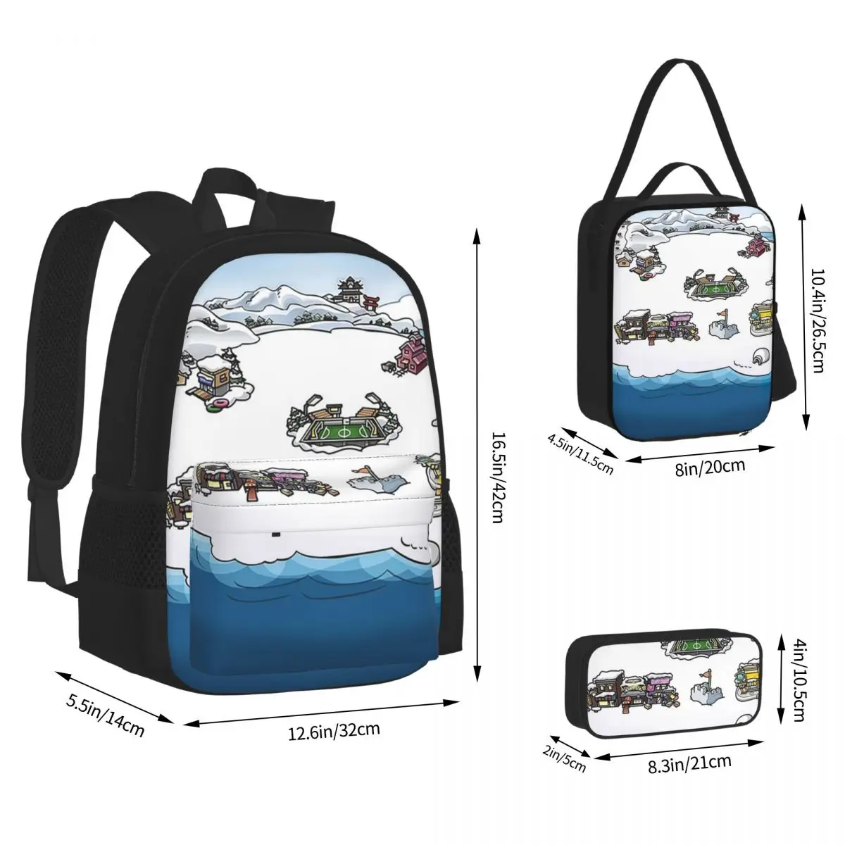 Club Penguin M Backpacks Boys Girls Bookbag Students School Bags Kids Rucksack Lunch Bag Pen Bag Three-Piece Set