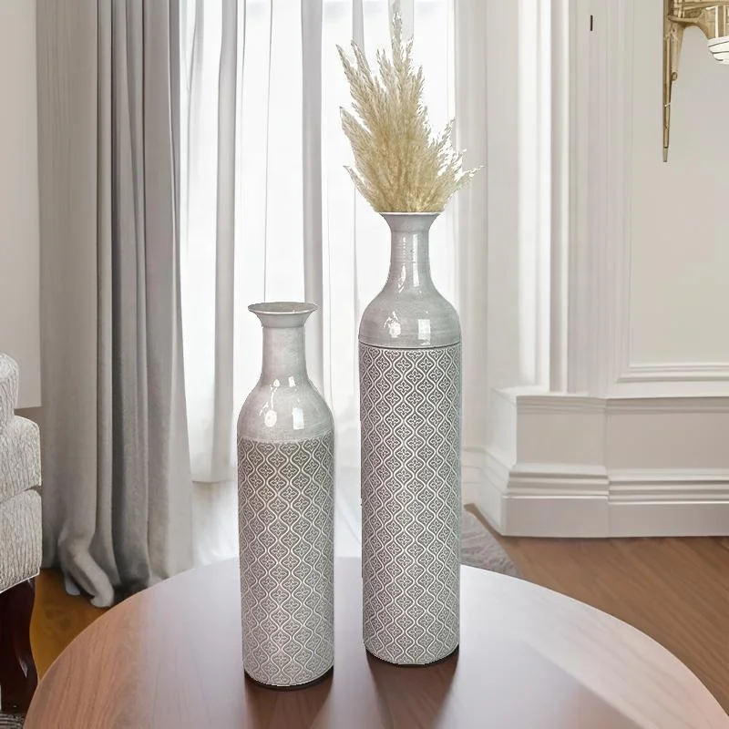 Set of 2 Tall Floor Metal Glazed Vase for Flowers Extra Vintage Grey Oversized Vase