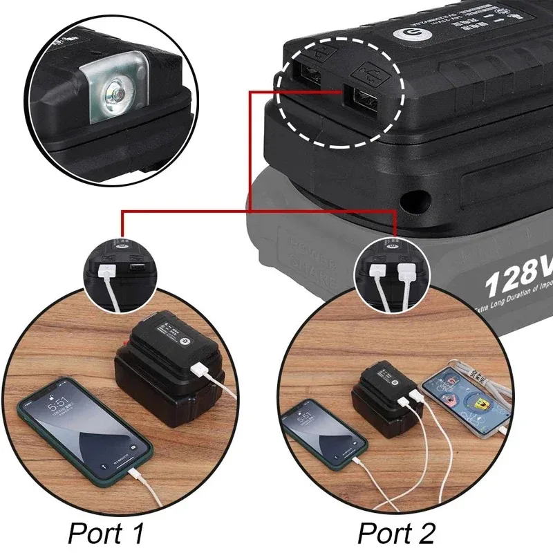 Luz LED para batería Makita de 18V, adaptador de batería de iones de litio USB Dual para HongSong, Lomvum, ZhiPu, Camping, carga portátil