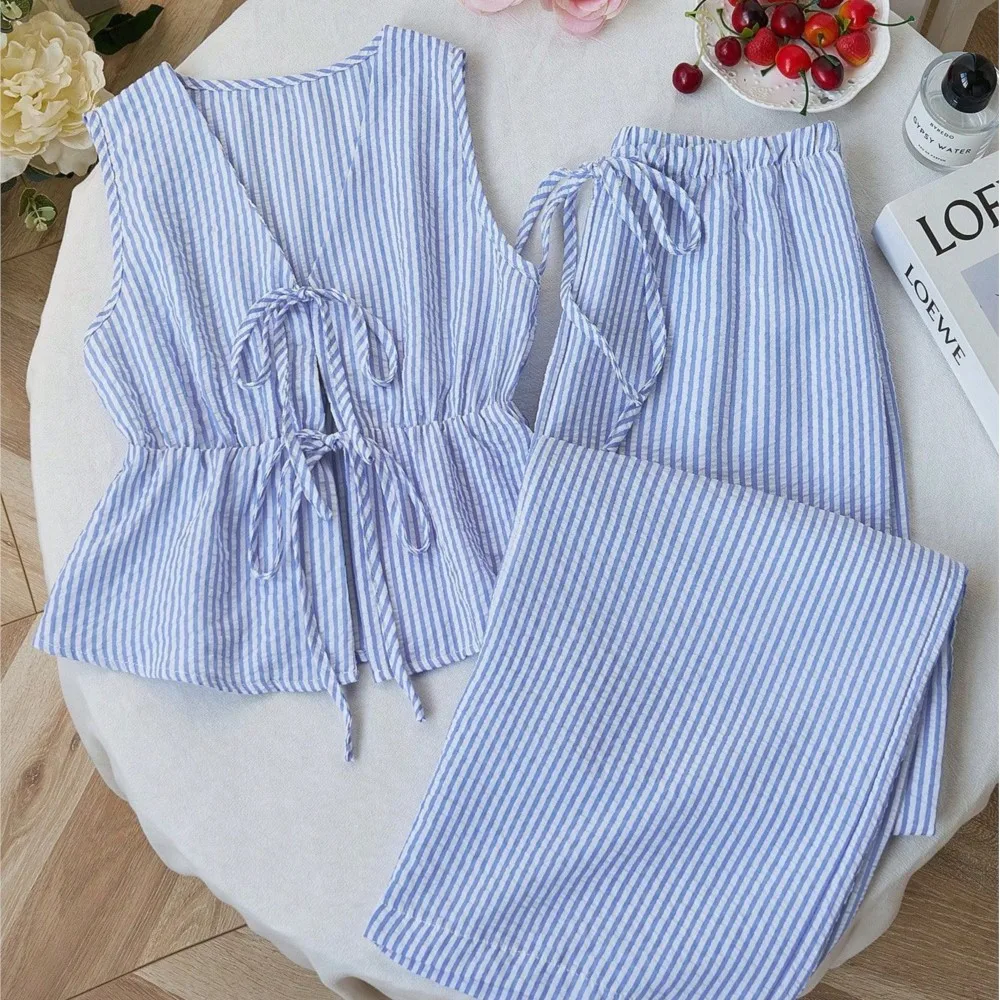 

Striped New Two Piece Set Summer V Neck Lace Up Sleeveless Blouse High Waist Wide Leg Pants Sets Casual Solid Women Sets