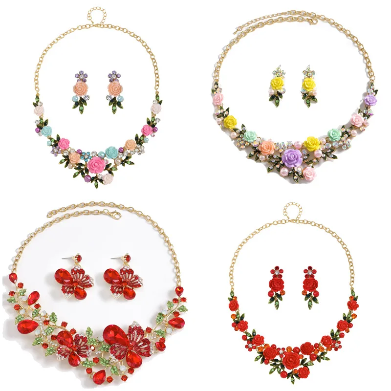 Valentine's Day Flower Earrings Necklace Set Temperament Sweet Leaf Diamond Versatile Personality Items