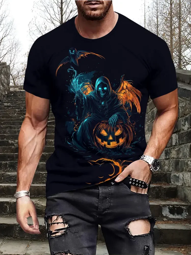 

Halloween Elements Men's T-shirt 3D Horror Pumpkin Skull Pattern Top Outdoor Street Hip Hop Halloween Party Fashion Men Clothing