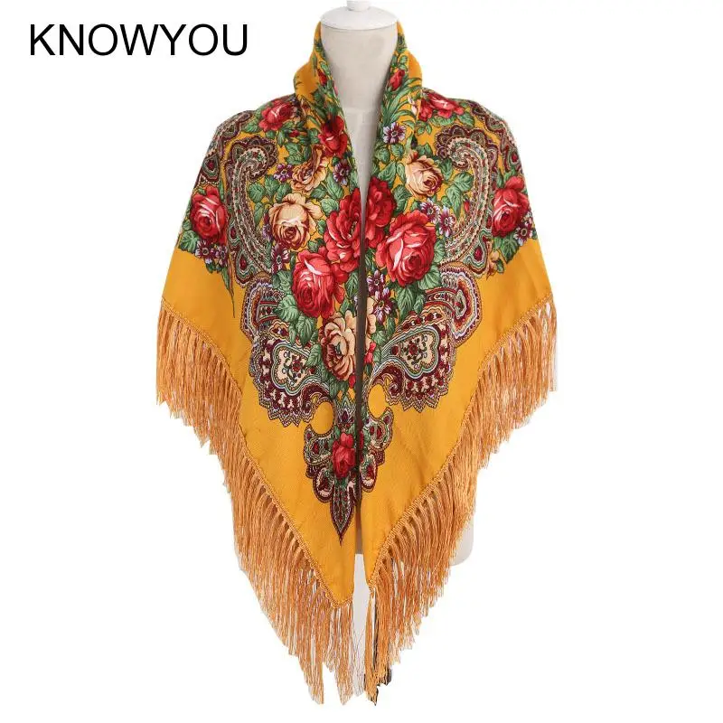 

2022 Women Retro Print Floral Hijab Wraps Ethnic Style Shawls Mujer Bandana Female Russian Cotton Pashmina Scarves Cape Chal