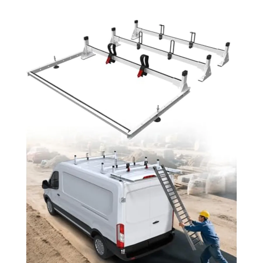 

Багажник-лестница на крышу грузового фургона с удлиненными задними роликами для Ford Transit 150 250 350 (низкая/средняя/высокая крыша), грузоподъемность 800 фунтов, сталь