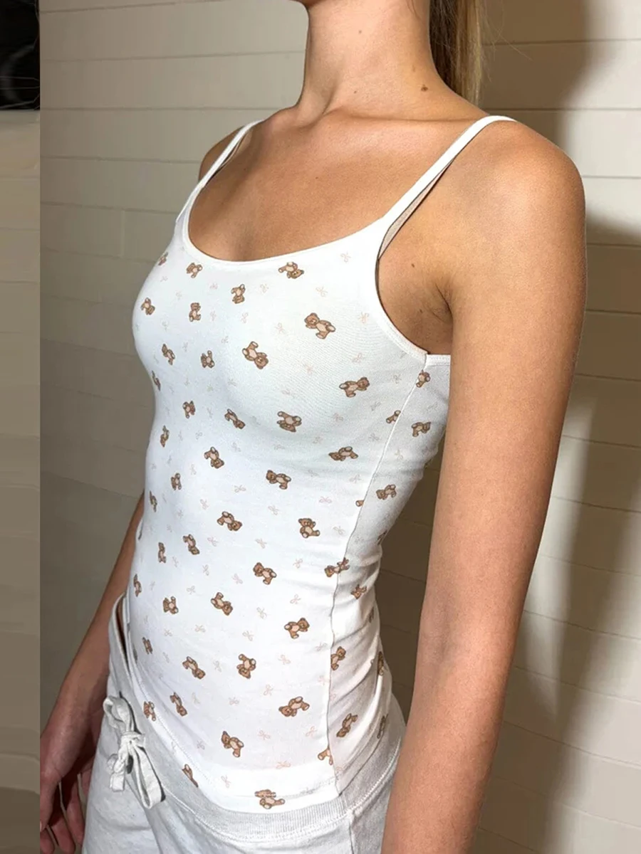 Canottiere corte da donna Canotte bianche senza maniche con stampa di orsi e vestibilità aperta sul retro