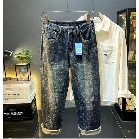 남성용 아메리칸 캐주얼 청바지, 패션 프린트 디자이너, 스트레이트 튜브, 루즈 와이드, 청소년 레트로 스트리트 워싱 데님 바지, 가을, 겨울