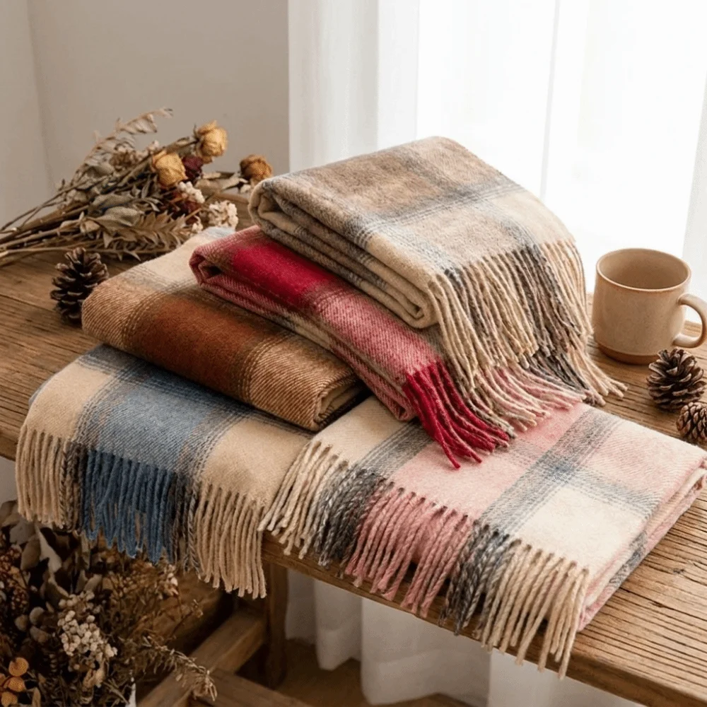 Durable Preppy Style Women's Winter Scarf Cozy Soft Preppy Plaid Scarf Tassel Fringe Long Checkered Shawl Gift Friends