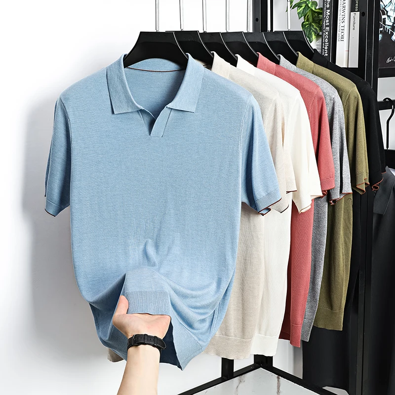 

100% Lyocell Knitwear 2026 Men Spring Summer Trendy Turn Down Collar Knit Tees Short Sleeve Breathable Knit Tops