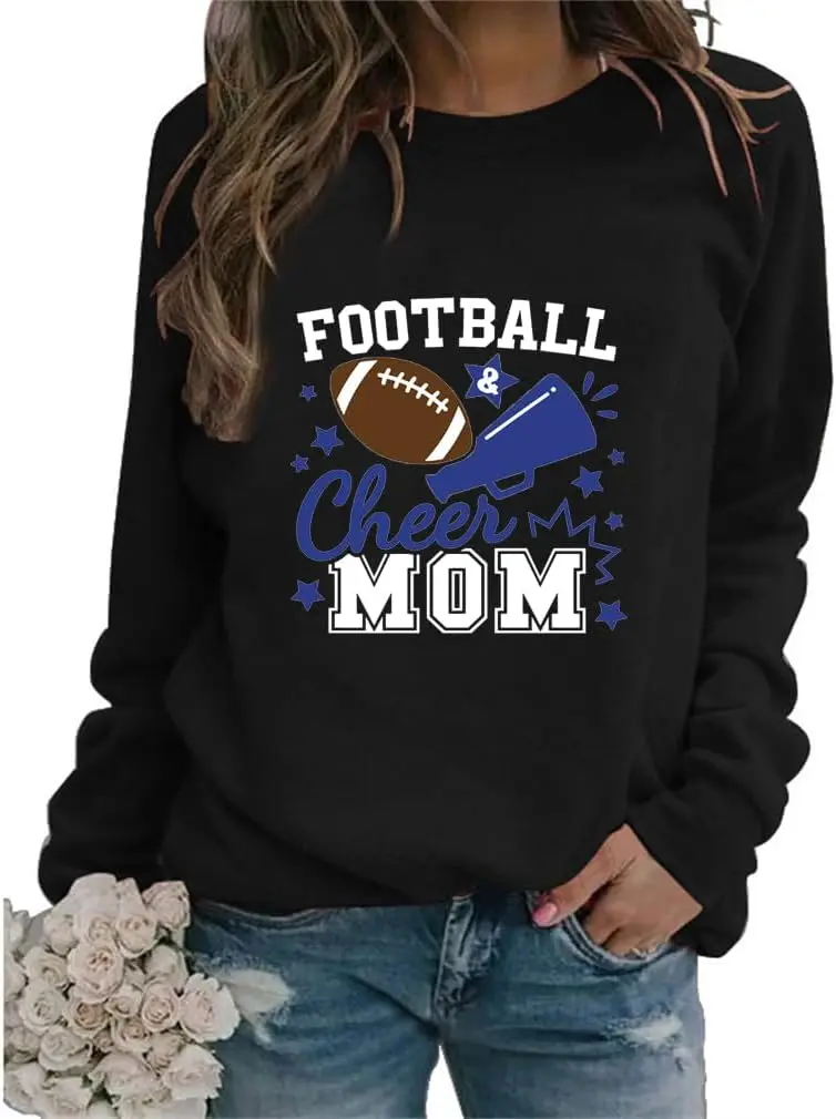 Football Cheer Mom Sweatshirt Womens Funny Graphic Long Sleeve Shirts Crew Neck Football Mama Gift Pullover Tops