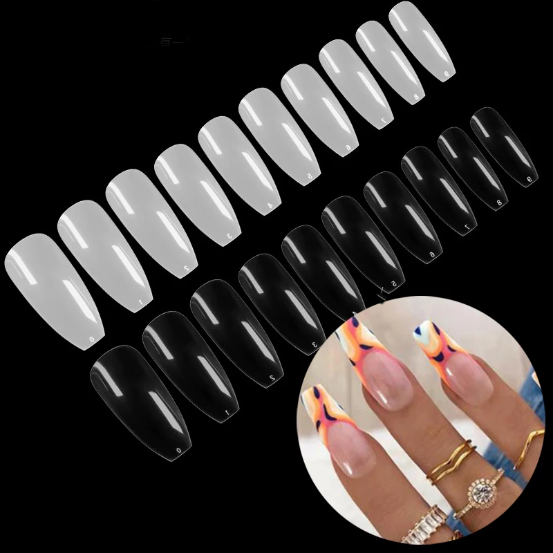 500Pcs False Coffin UV Gel Nails Full Cover White Natural Ballerina Art Tips Manicure Easy to Wear No UV Lamp Required