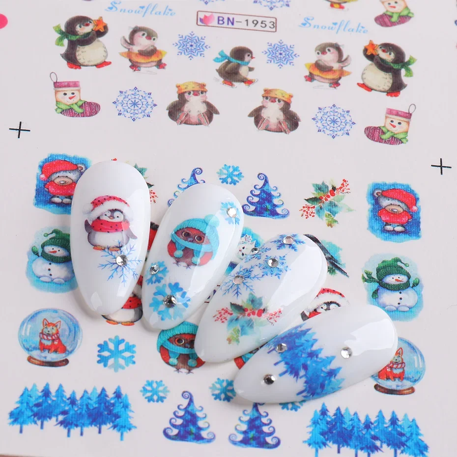 12pcs Cartoon Animals Xmas Nail Sticker Penguin Bird Elk Cat Rabbit Nail Design Water Transfer Slider Winter Decor SABN1945-1956