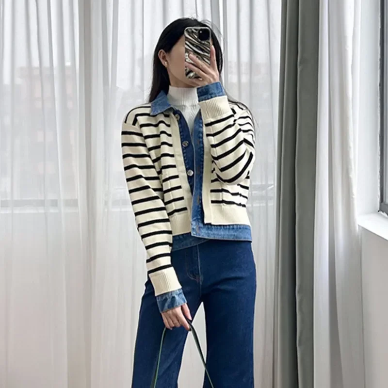 

Women Denim Spliced Knitted Coat Striped Turn-down Collar Long Sleeve Single Breasted Loose Spring 2024 Jacket