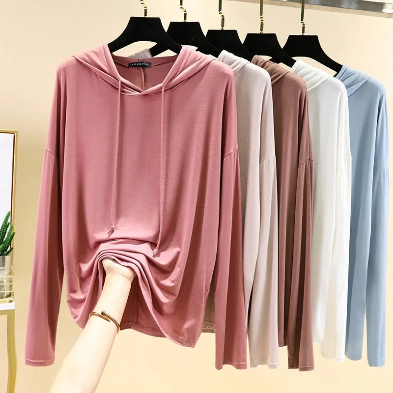 New ladies spring and autumn modal long-sleeved T-shirt large size hooded sweater loose bottoming shirt solid color top color