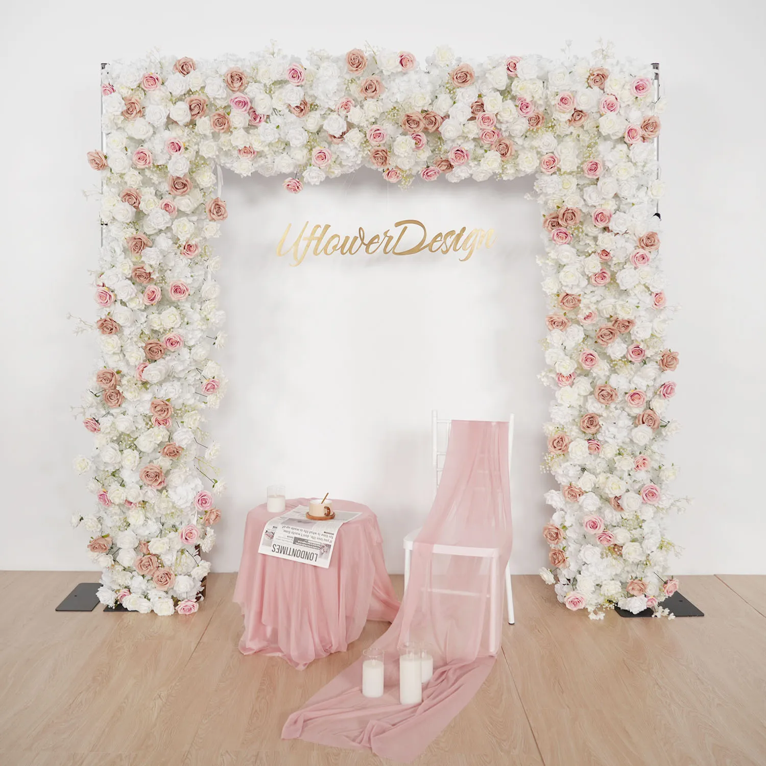 

Luxury Pink White Rose Artificial Flower Row Runner Table Centerpiece Wedding Backdrop Arch Decoatian Event Party Props