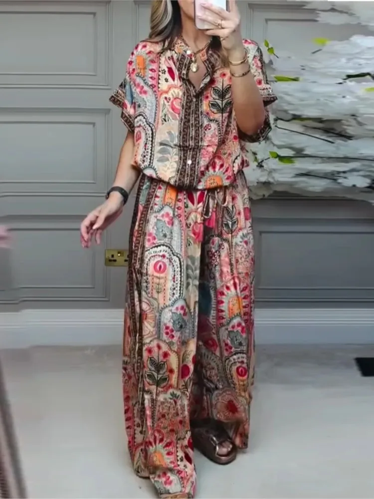 

Woman 2 Piece Set Outfit New Summer Fashion Casual Loose Printed Short-sleeved Top + Wide-leg Trousers Two-piece Suit For Women