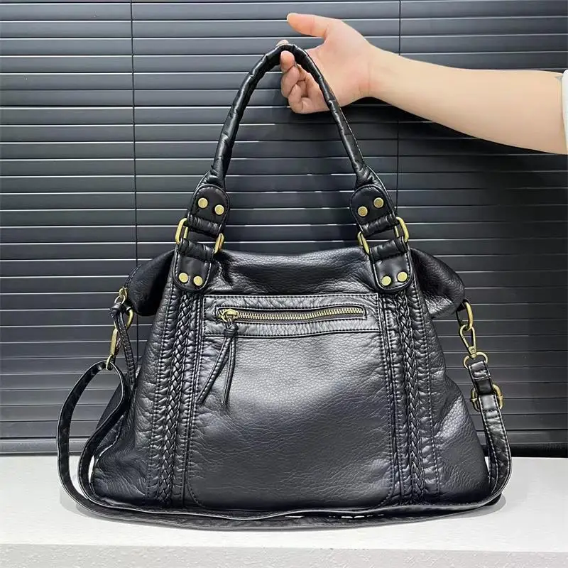 

Distressed Leather Tote Bag Vintage Large Capacity Motorcycle Handbag With Metal Hardware Y2k Streetwear Shoulder Crossbody Bag