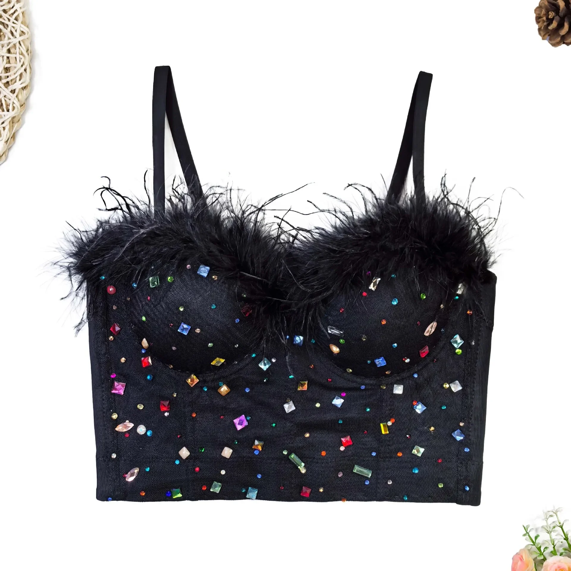 

Дизайнерский черный бюстгальтер пуш-ап с рыбьей косточкой и перьями и красочным акриловым декором, нижнее белье, бюстгальтеры для женщин, цельные