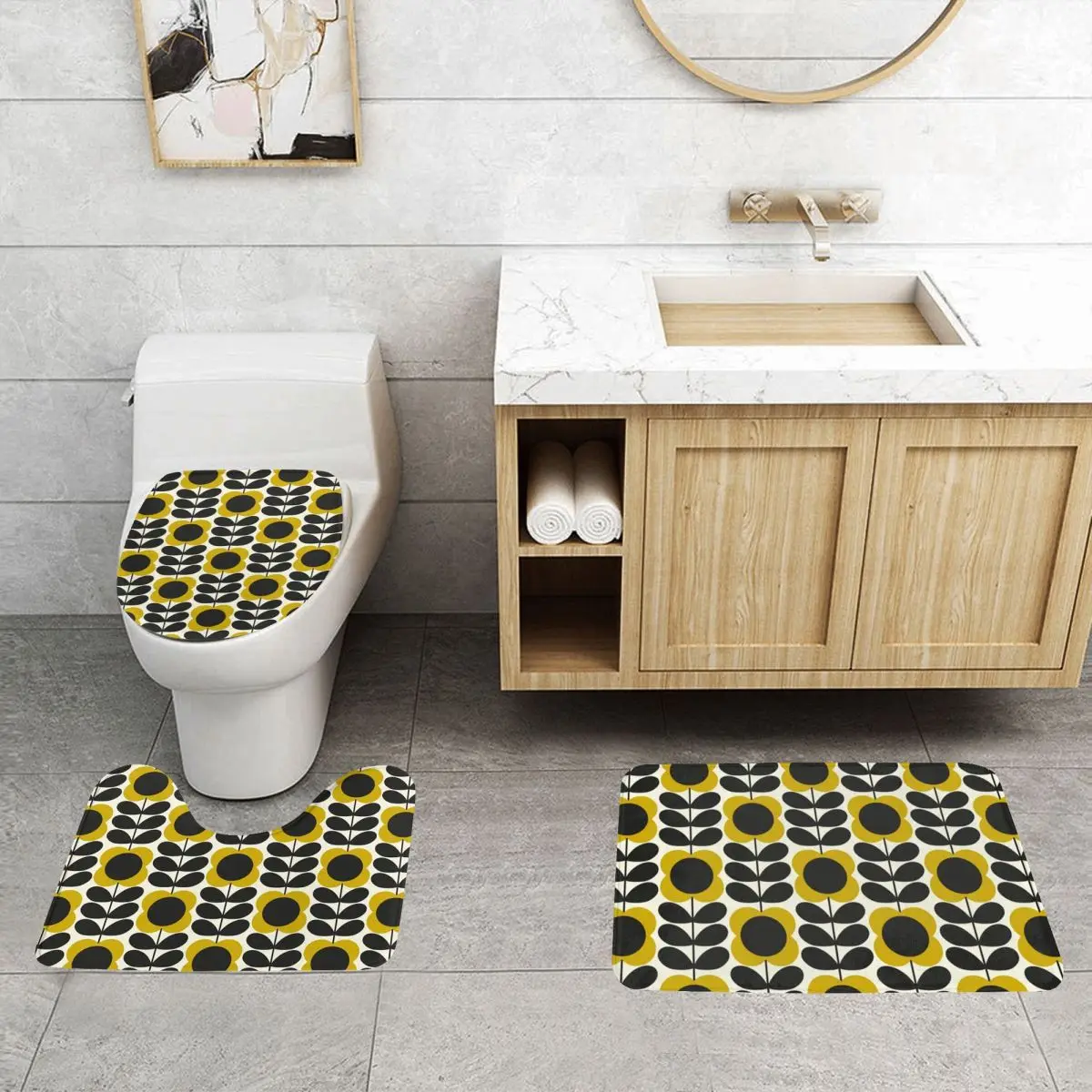 Custom Orla Kiely Summer Flower Stem 3 Pieces Bathroom Rugs Scandinavian Geometric Non Slip Absorbent Toilet Bath Mat Set