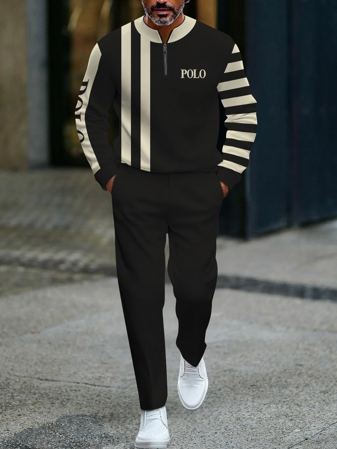 2025 Spring and Autumn New 3D Printing Fashion Casual Men's Half-Placket Zipper Long Sleeve Pants Sports Suit