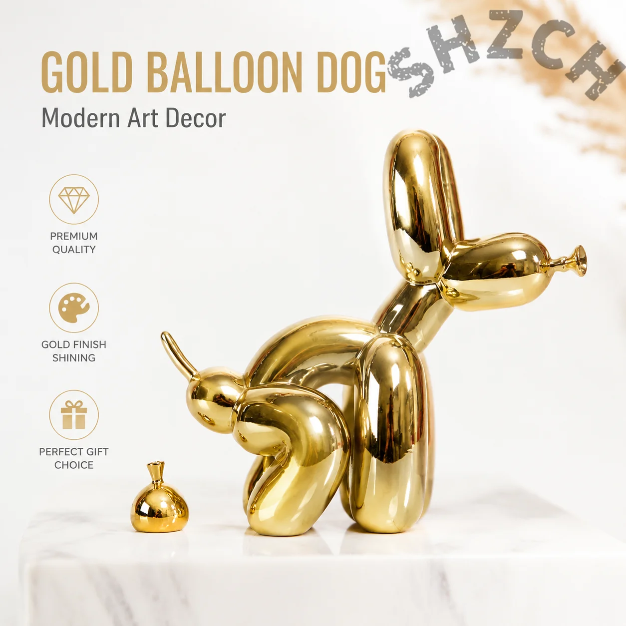 Gold-Plated Resin Poop Balloon Dog Statue – Whimsical Living Room Decor & Creative Tabletop Figurine