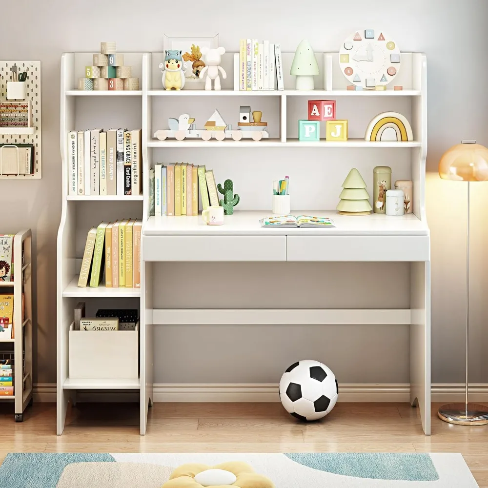 Kids Desk Kids Table with Drawers and Bookshelf Wooden Kids Media Desk Student Learning Computer Workstation