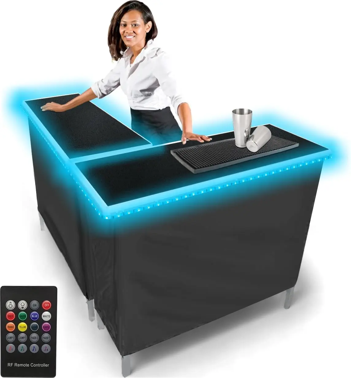 Folding Portable Bar w/LED Lights, Wireless Remote, 2 Bar Skirts, Storage Shelf, & Carrying Case - Double (Black)