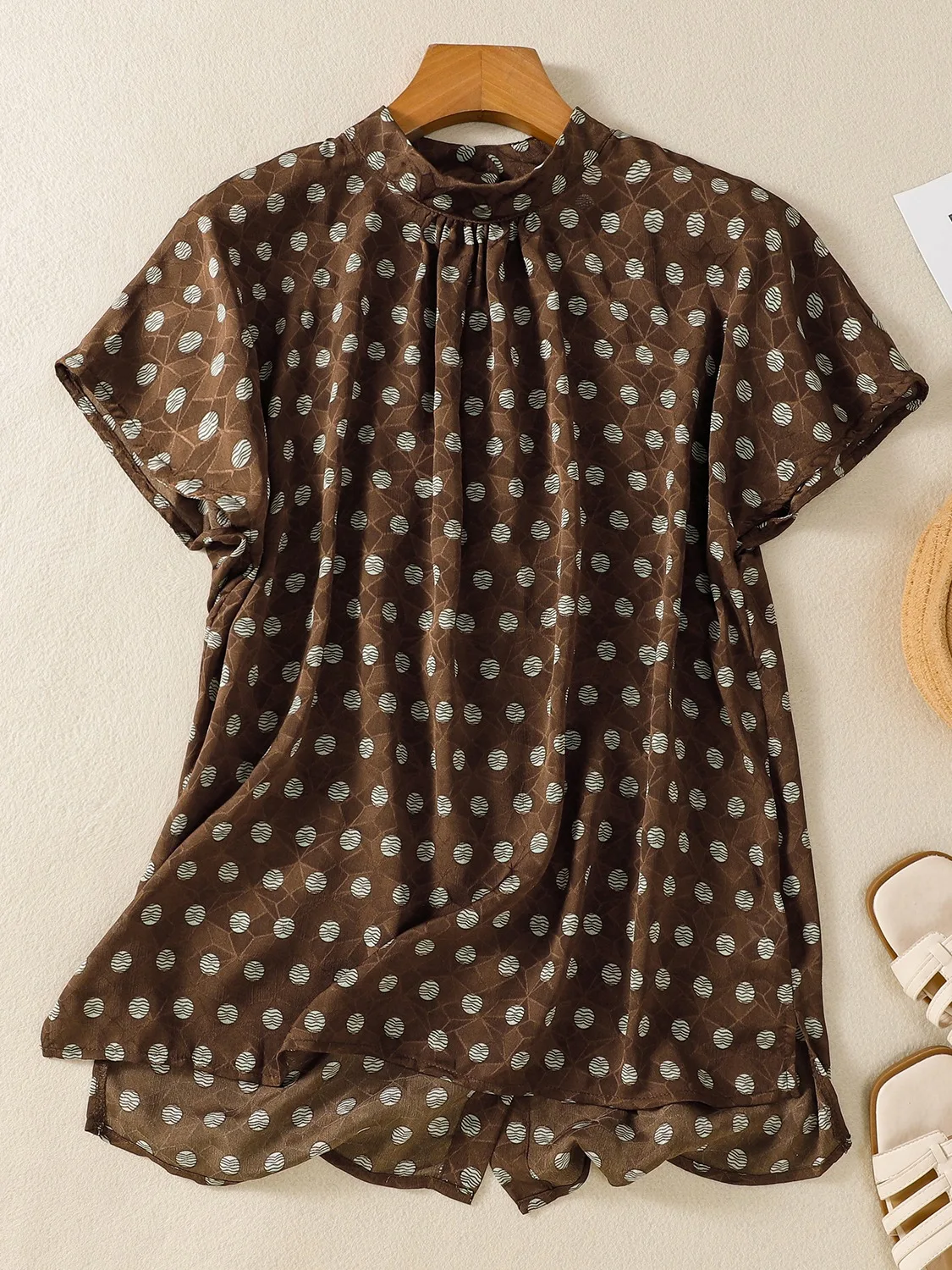 

Художественный шелковый хлопок в горошек ort Sve irt, женский летний тонкий молодежный тонкий воротник-стойка, маленький топ irt Ele