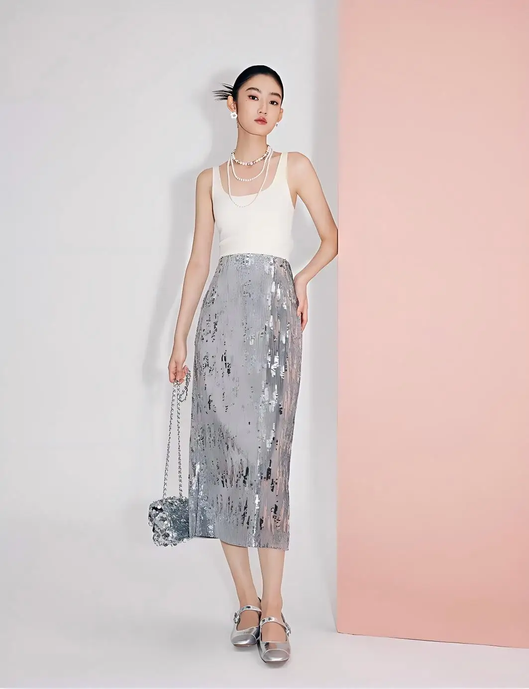 

2026 New Silver Sequin Midi Skirt Women High Waist Shiny Straight Skirt For Party Club 160013