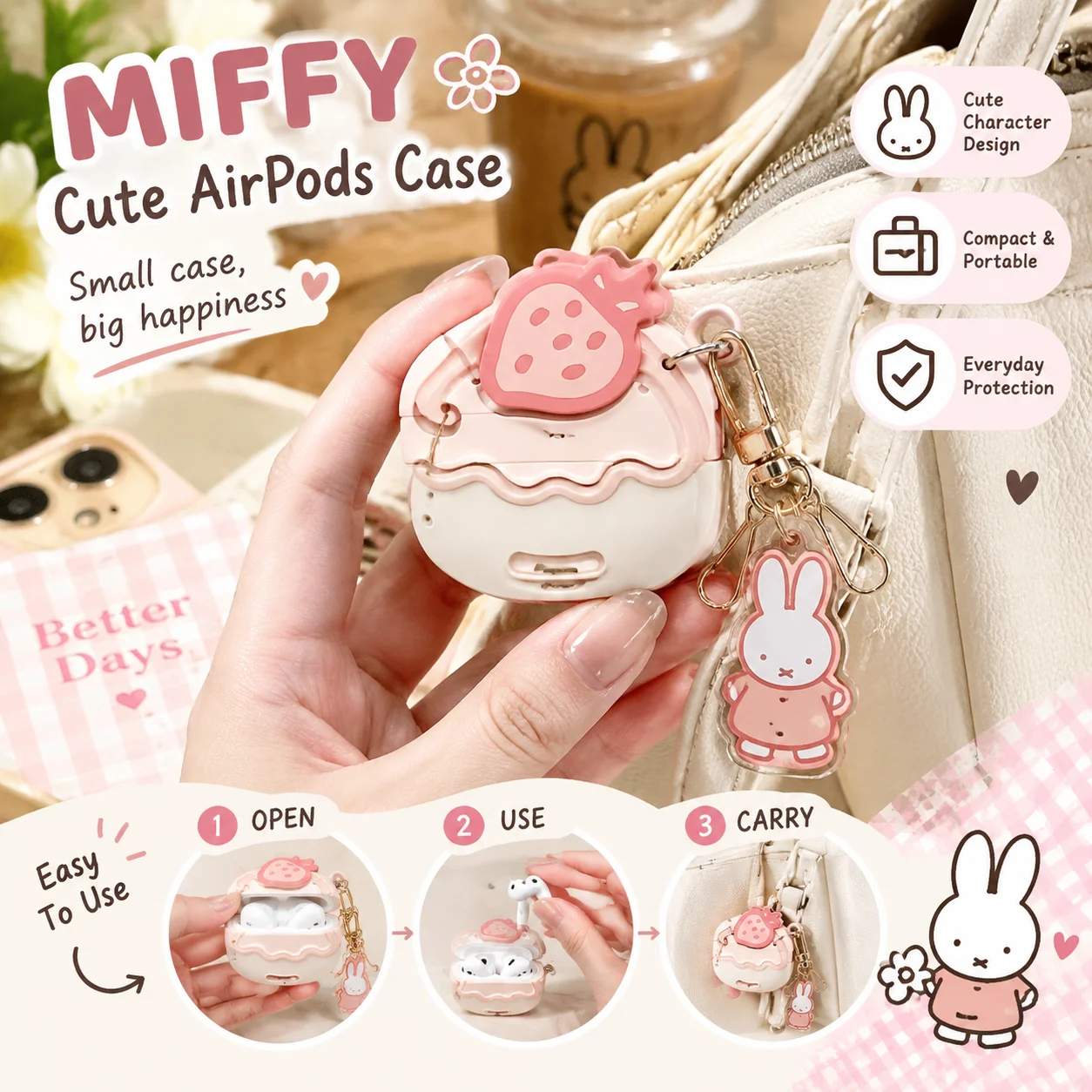 Miffy Acrylic Carabiner Keychain Japanese Fruit Series Cute Sweet Girl Heart Pendant Bag Charm Keyring Gift for Women Girls
