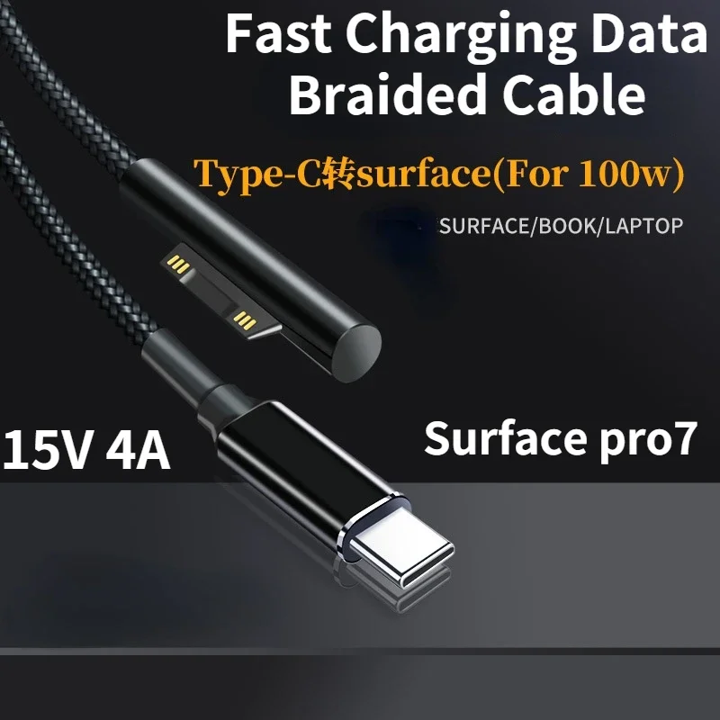 15V 4A USB Type-C Power Supply For Microsoft Surface Pro 7 6 Go PD 100W Charging Data Adapter Braided Cable Fast Charger Tablet