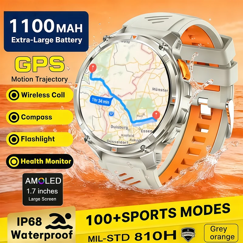 

GPS 1100 мАч аккумулятор для взрослых умный браслет 10 АТМ водонепроницаемый фонарик вызов умные часы мужские спортивные часы для плавания на открытом воздухе 2026