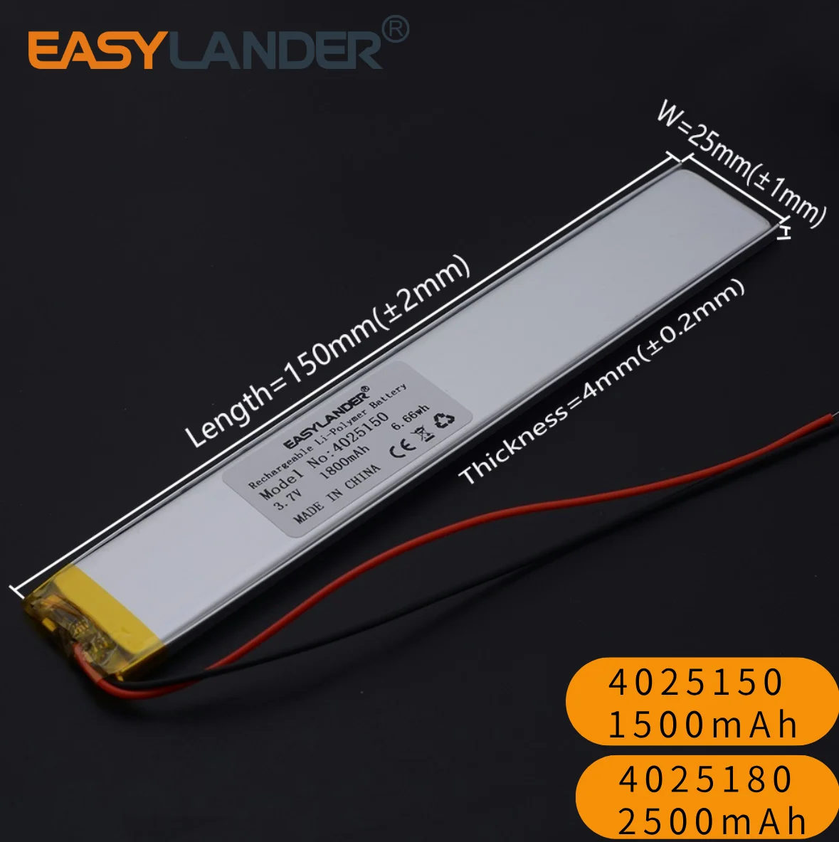 4025150   1800 mAh 4025180   2500 mAh Lithium-Polymer-LiPo-Akku, Li-Zellen für Garderobenlicht, LED-Sensorlicht