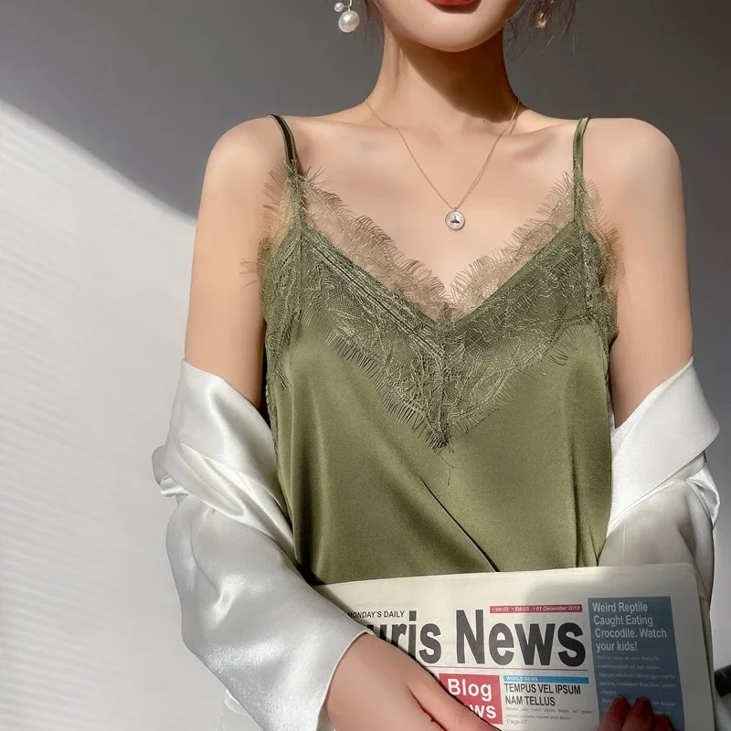 2024 Big Lace Silk Sling V-neck Lace Silk Camisole Women Base Top Silk Top Women Camis Satin Sling White Top Green Lace Top