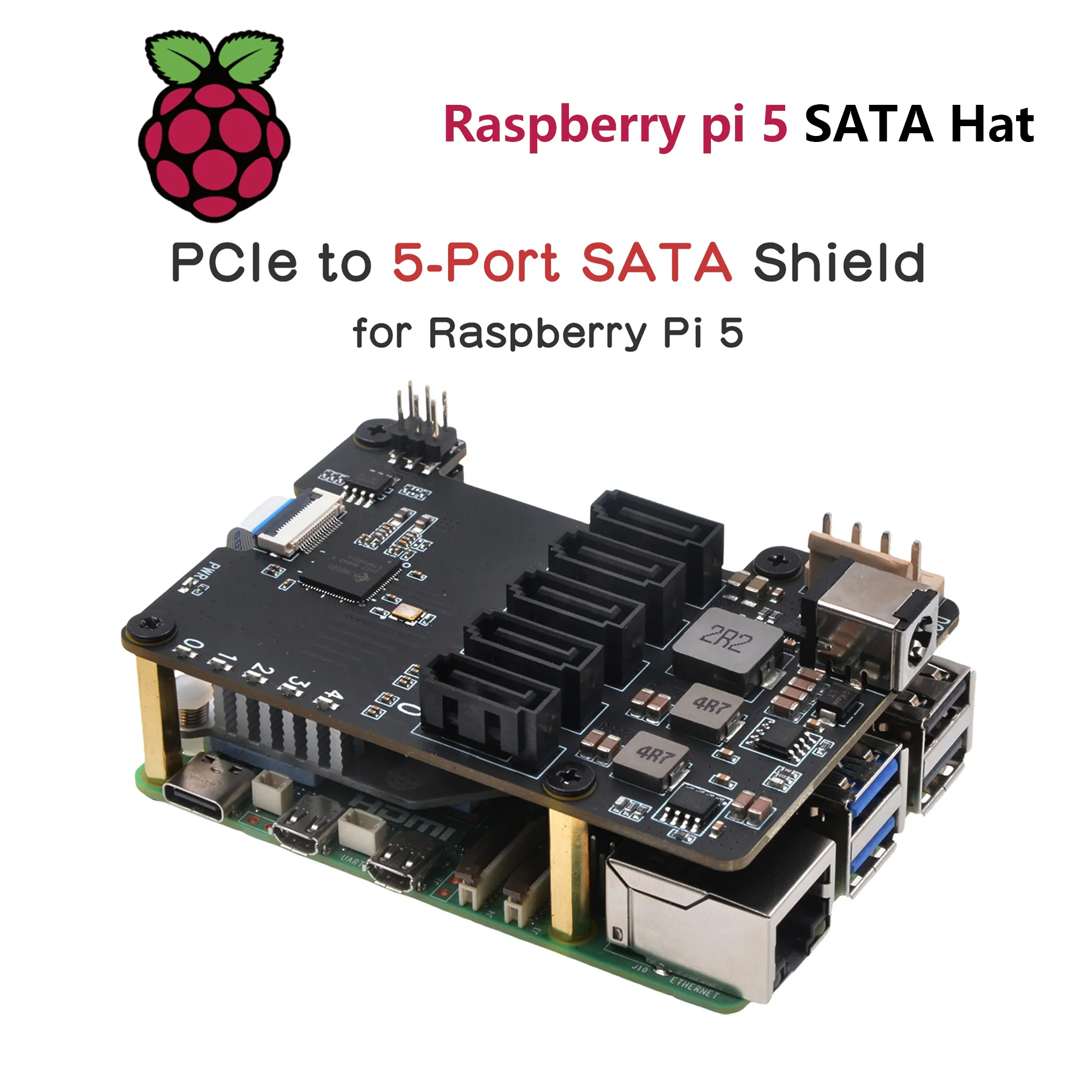 Raspberry Pi papan ekspansi topi SATA, pelindung SATA 5 X1009 PCIe ke 5-Port (tidak mendukung Boot dari HDD/SSD)