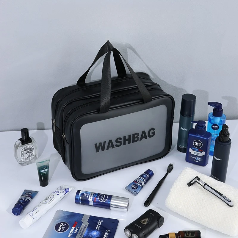 Doppelschichtige Waschtasche mit Trocken-Nass-Trennung, transparente PU-Kulturtasche, tragbare Kosmetiktasche für Reisen, Fitnessstudio und Schwimmen – Detail 6