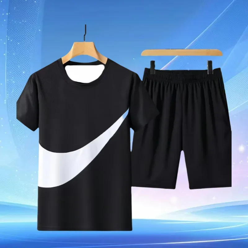 Ropa deportiva de poliéster para hombre, conjunto deportivo con patrón de gancho, transpirable, ajustado, de manga corta, para playa, gimnasio, trotar, correr, novedad de 2024