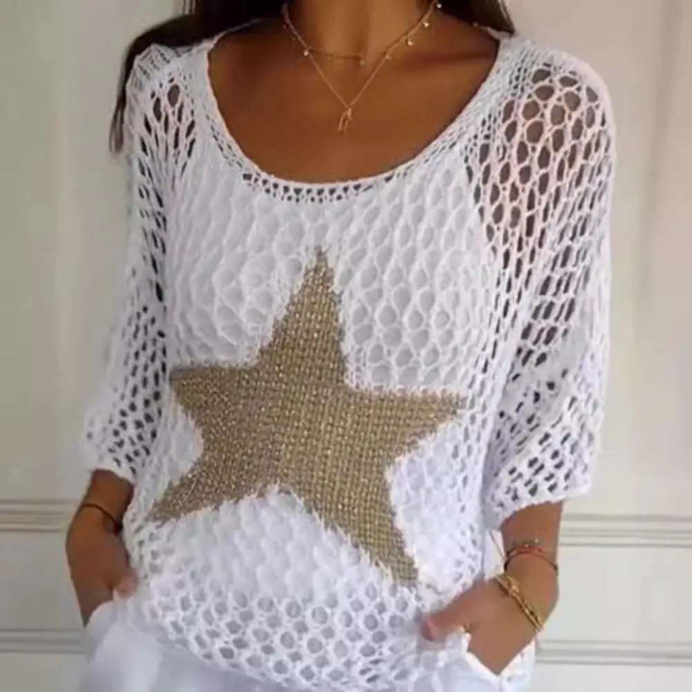 Women Crochet Blouse O-neck 3/4 Sleeves Hollow Out Fishnet Star Pattern Mesh Knitted Blouse Charming Cutout Swimsuit Cover-Up