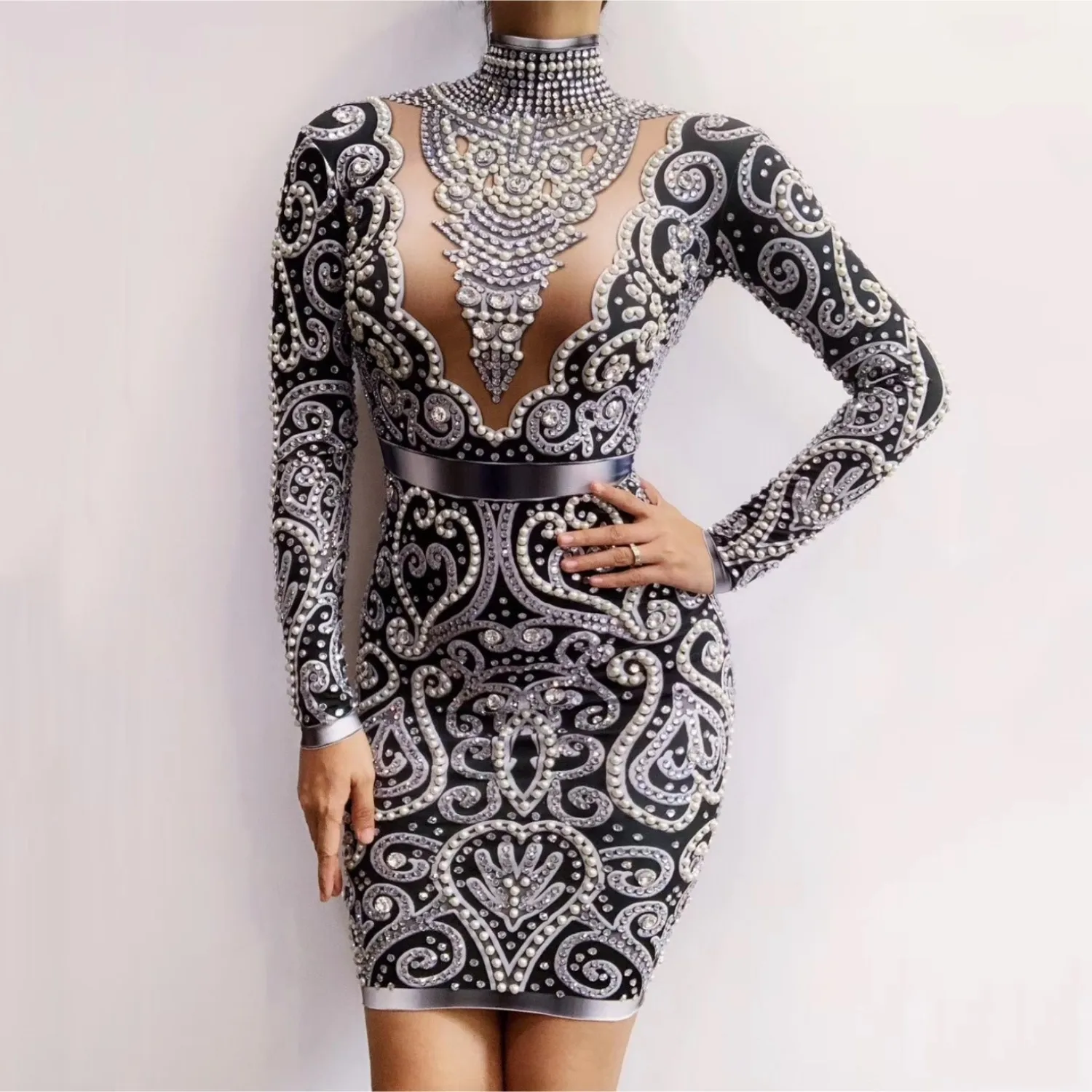 

Sexy Spandex Women Singer Outfit Black Gray Gold Rhinestones Pearls Long Sleeves Dress Birthday Celebrate Evening Dress