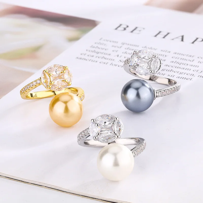 

New Jewelry Copper Plated White Gold Pearl Simple Style Fashion Ring for Women 12mm Wholesale