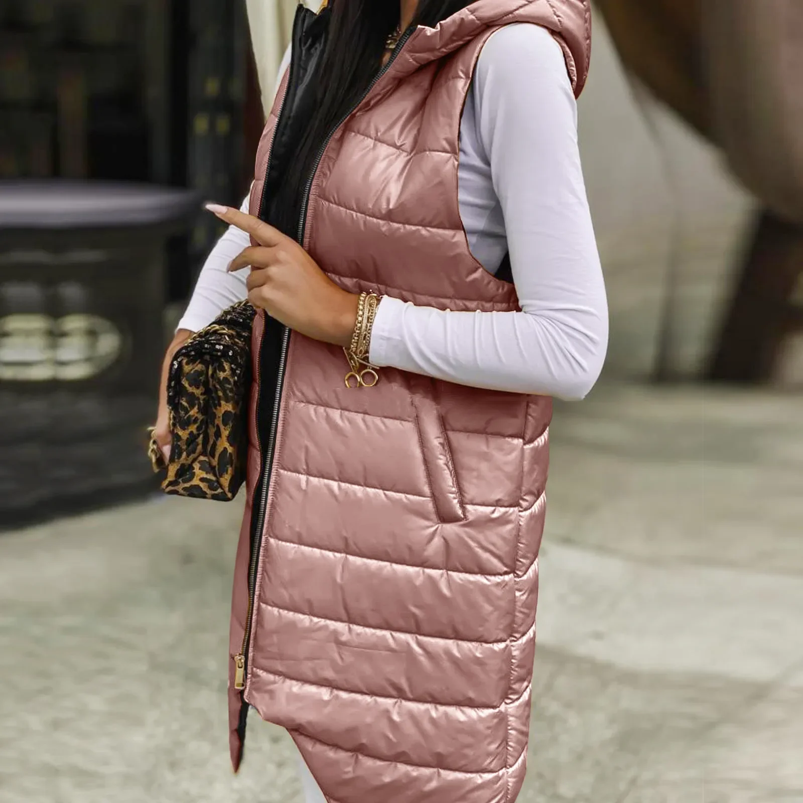 Women Long Coat Vest With Hood Sleeveless Warm Down Coat With Pockets Quilted Vest Down Jacket Quilted Winter Outdoor Jacket