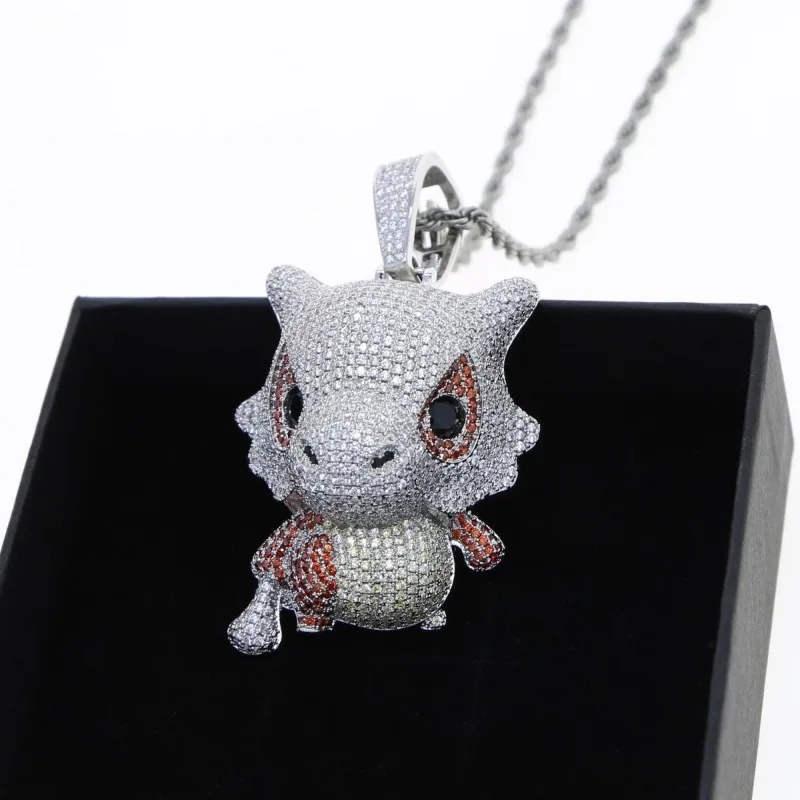 Pokemon Anime Peripherals Kawaii Full Diamond Cartoon Style Cubone Charmander Bulbasaur Squirtle Hip Hop Pendant Necklace