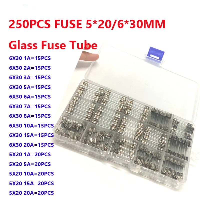 250PCS FUSE 5*20/6*30MM 5X20MM 6X30MM Glass Fuse Tube 15kinds of Specifications 1A~20A Fuse Assorted Kit