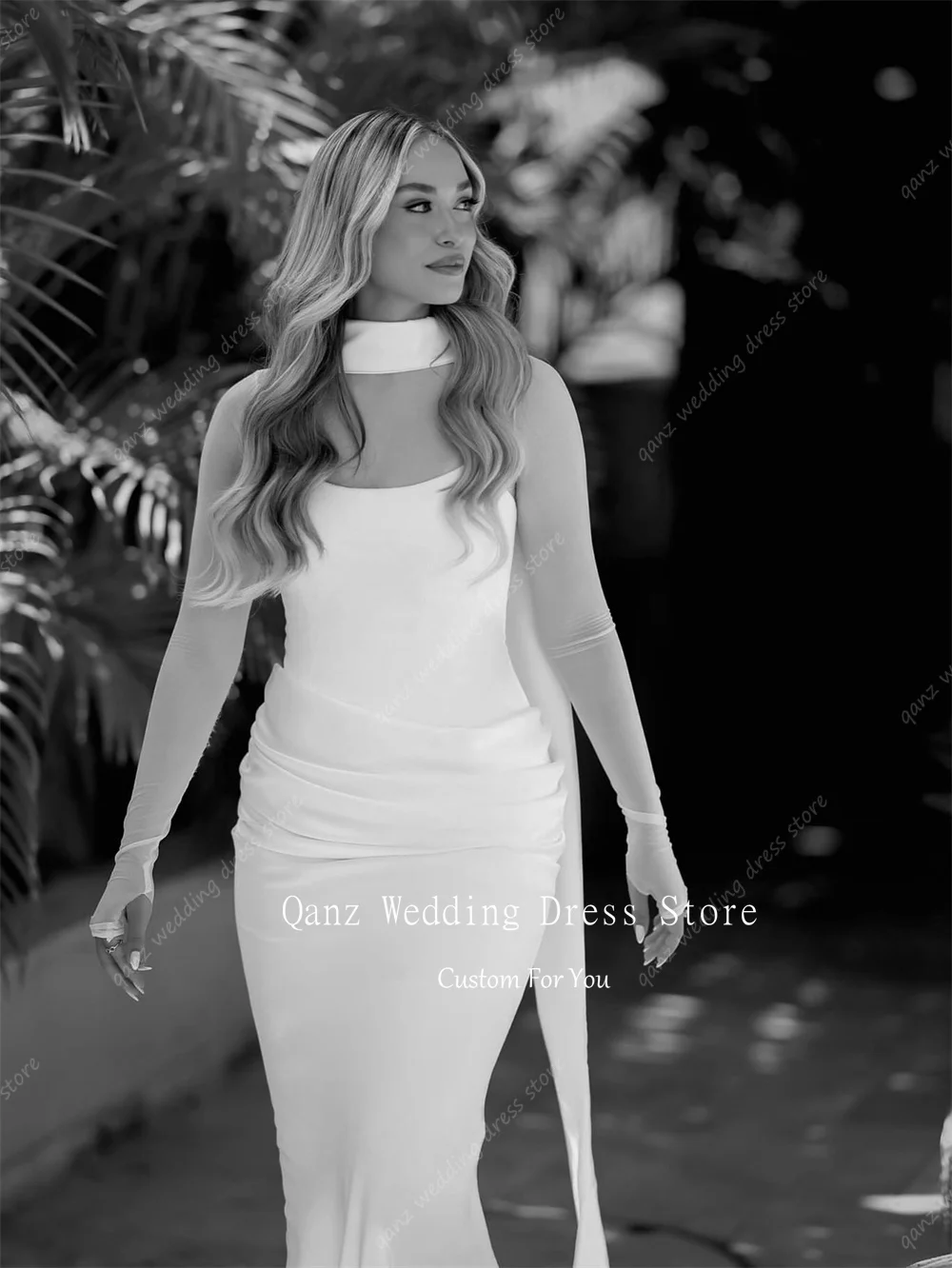 Qanz Elegant Mermaid Wedding Dresses For Women Sheer Long Sleeves 2 Pieces Satin Vestido De Noiva Robe De Mariée Customized