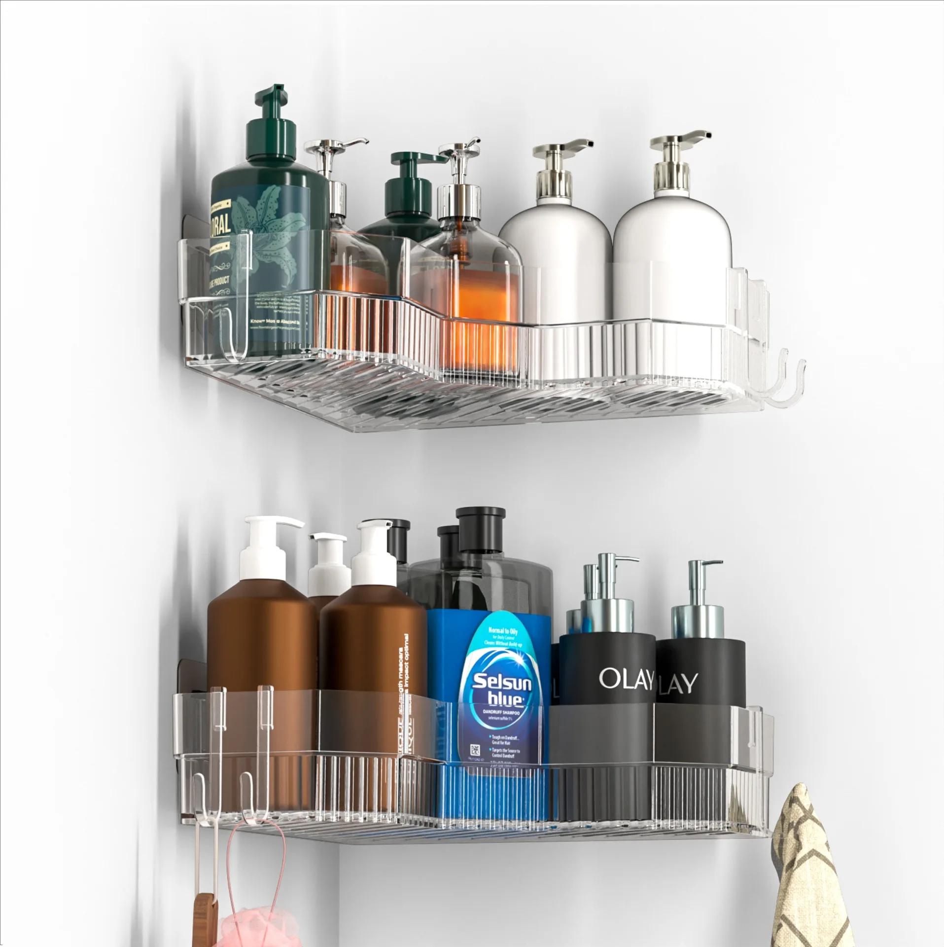 

Corner Shower Shelf,Clear Bathroom Shelf Shower Caddy Self-Adhesive Bathroom Storage Organizer Rack with Hooks for Bathtub Dorm