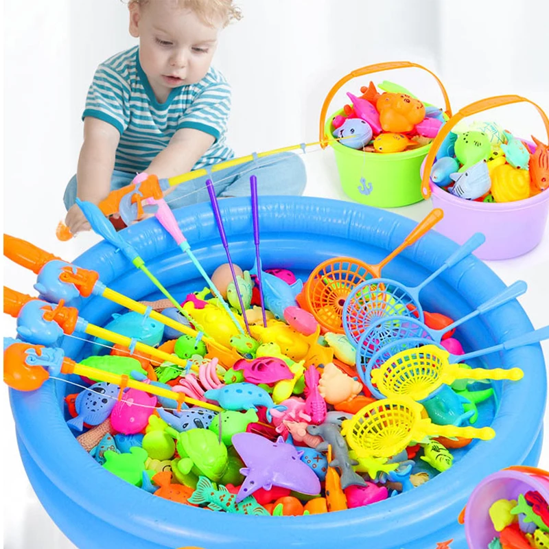 Kids Fishing Toy Set Play Water Toys for Baby Magnetic Rod and Fish with Inflatable Pool Outdoor Sport Puzzle Toys for Children