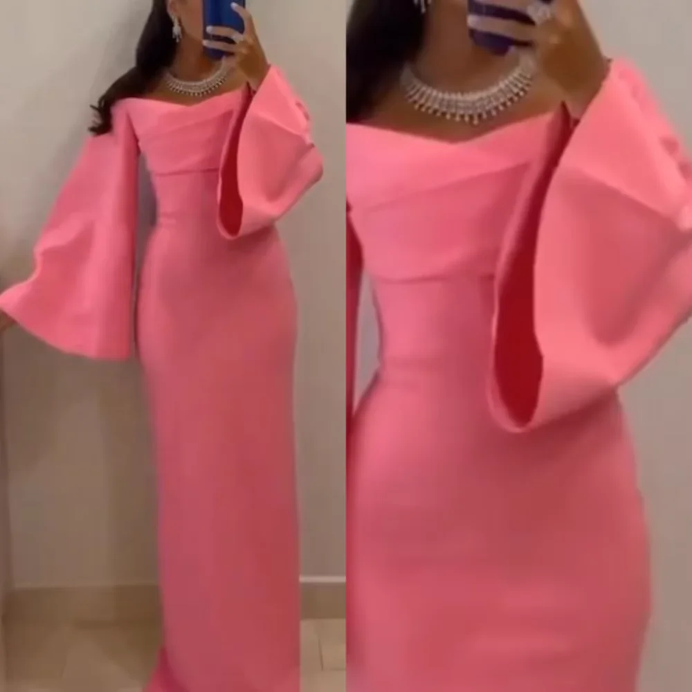 

Customized High Quality Off-the-shoulder Sheath Floor Length Prom Dresses Vertically Fold Satin Evening Robe Femme Soirée