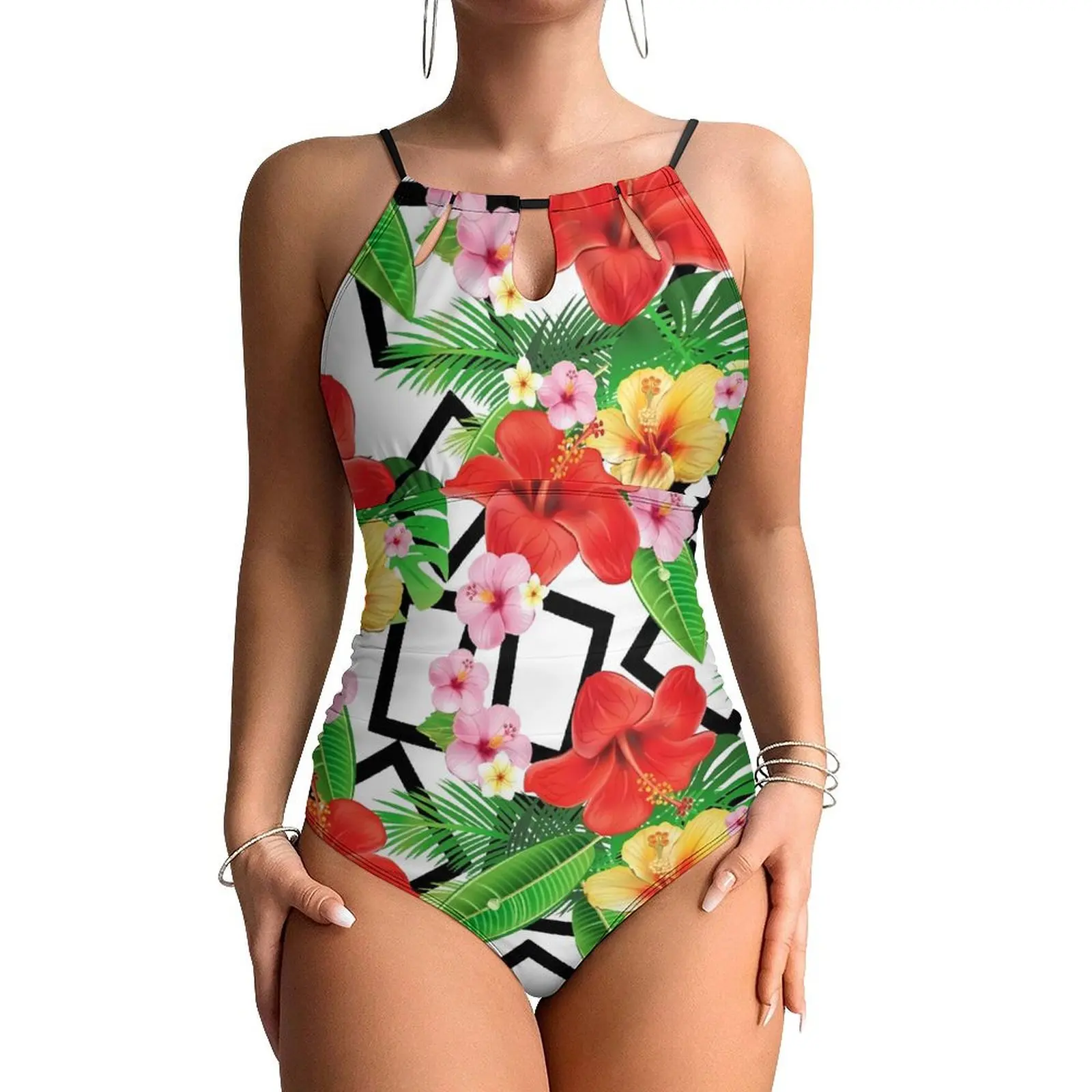 Lily Floral Swimsuit Flowers and Geometric Swimwear One Piece Vacation Bath Swimsuits Bathing Suits Women Push Up Sexy Beachwear