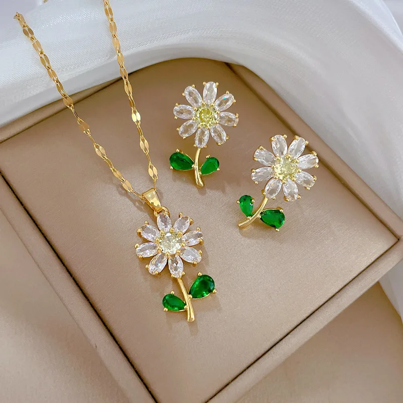 Conjunto clásico de collar y pendientes de flores de hoja verde, joyería de acero inoxidable personalizada para banquete, girasol de lujo ligero