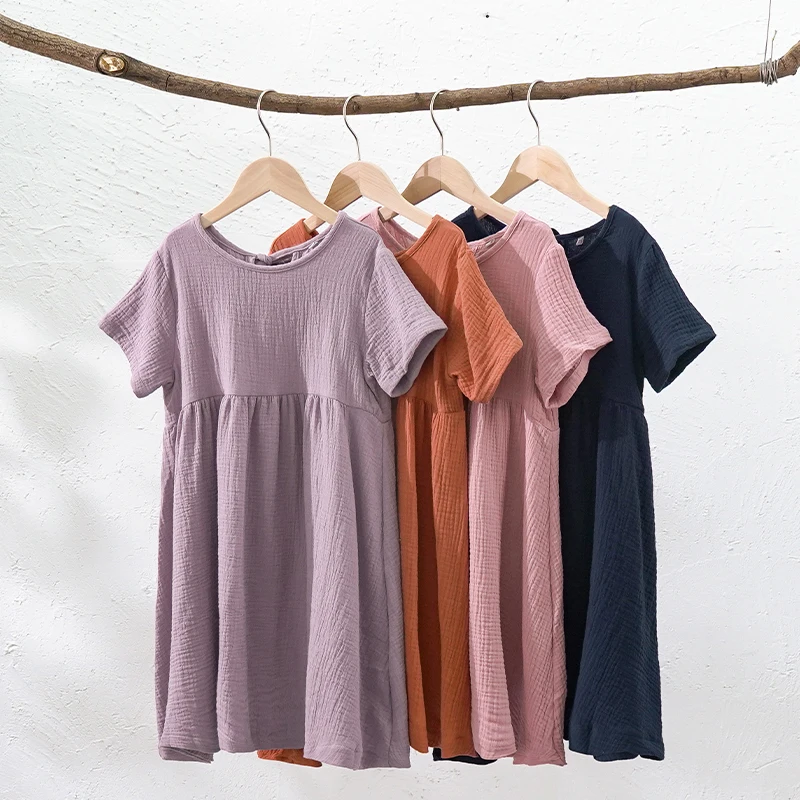 100% Cotton Girls Short Sleeve Summer Dress 2022 New Baby Girl Casual Loose Beach Flowy Dresses Kids Clothing